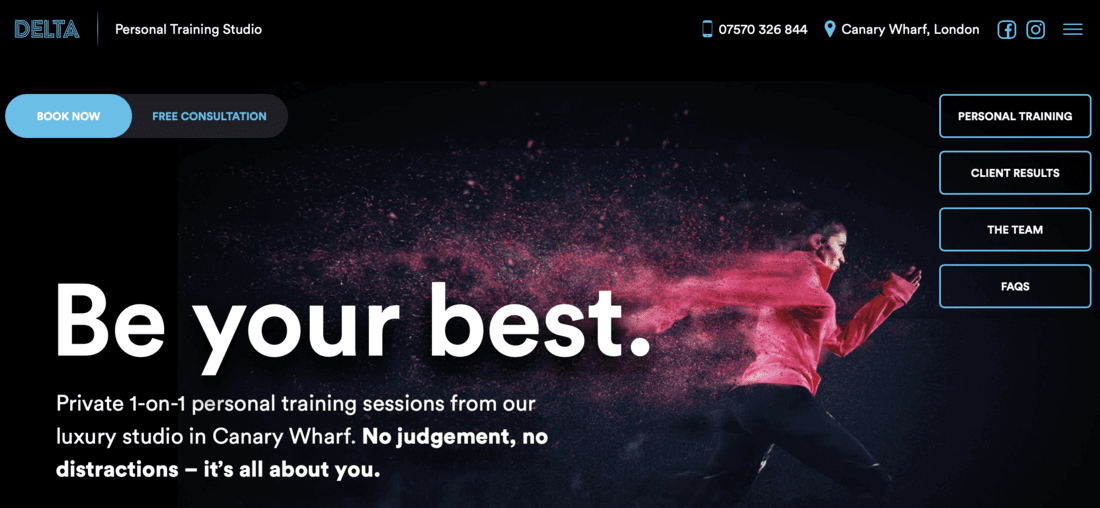 An image of a fitness website called Delta Fitness, taken from https://www.deltafitness.london